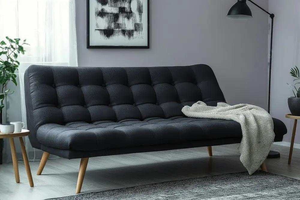 Sofá-cama escuro com pés de madeira, mostrando o potencial para uma reforma de sofá-cama em brasilia completa de estofado.