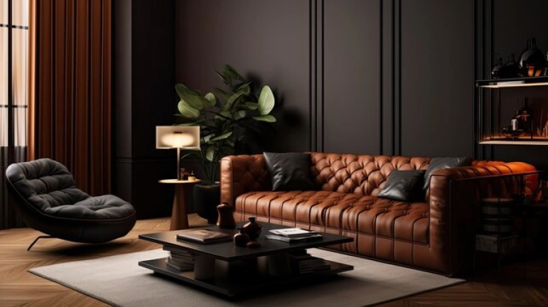 Sofá Chesterfield Capitonê de couro marrom com capitonê em sala de estar elegante, exemplo de reforma de sofá de couro em Brasília.