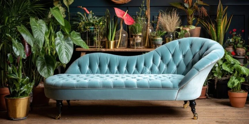 Chaise longue clássico com estofado de veludo azul-petróleo e capitonê, exemplo de reforma de divã em Brasília.